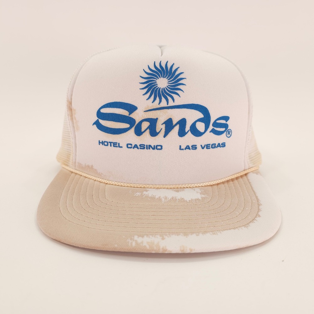 Vintage Sands Hotel Casino Las Vegas Hat Mens OSFM White Blue Trucker Snapback